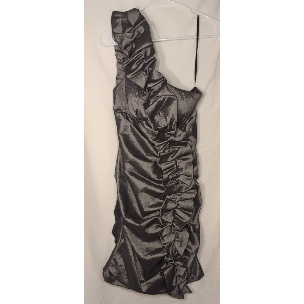 Betsy & Adam Womens One Shoulder Ruffle Ruched Metallic Cocktail Dress Grey 10